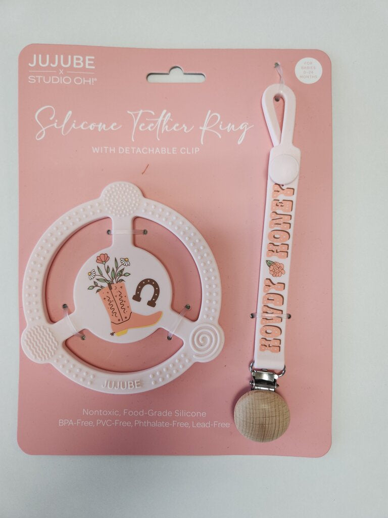 SILICONE TEETHER RING W/ CLIP BLOOMIN' BOOT