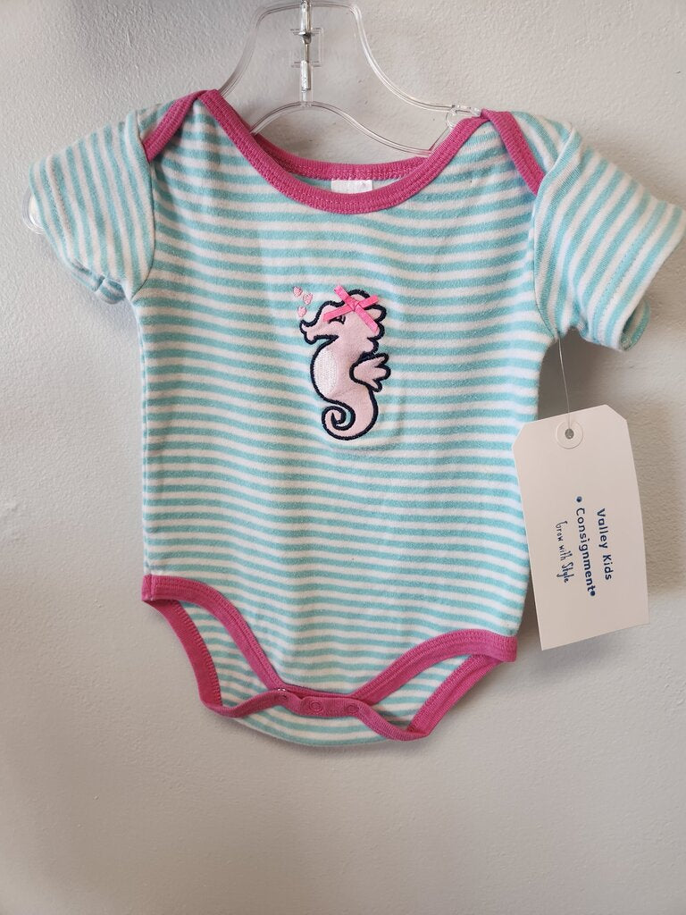 AQUA STRIPED ONESIE WITH SEAHORSE