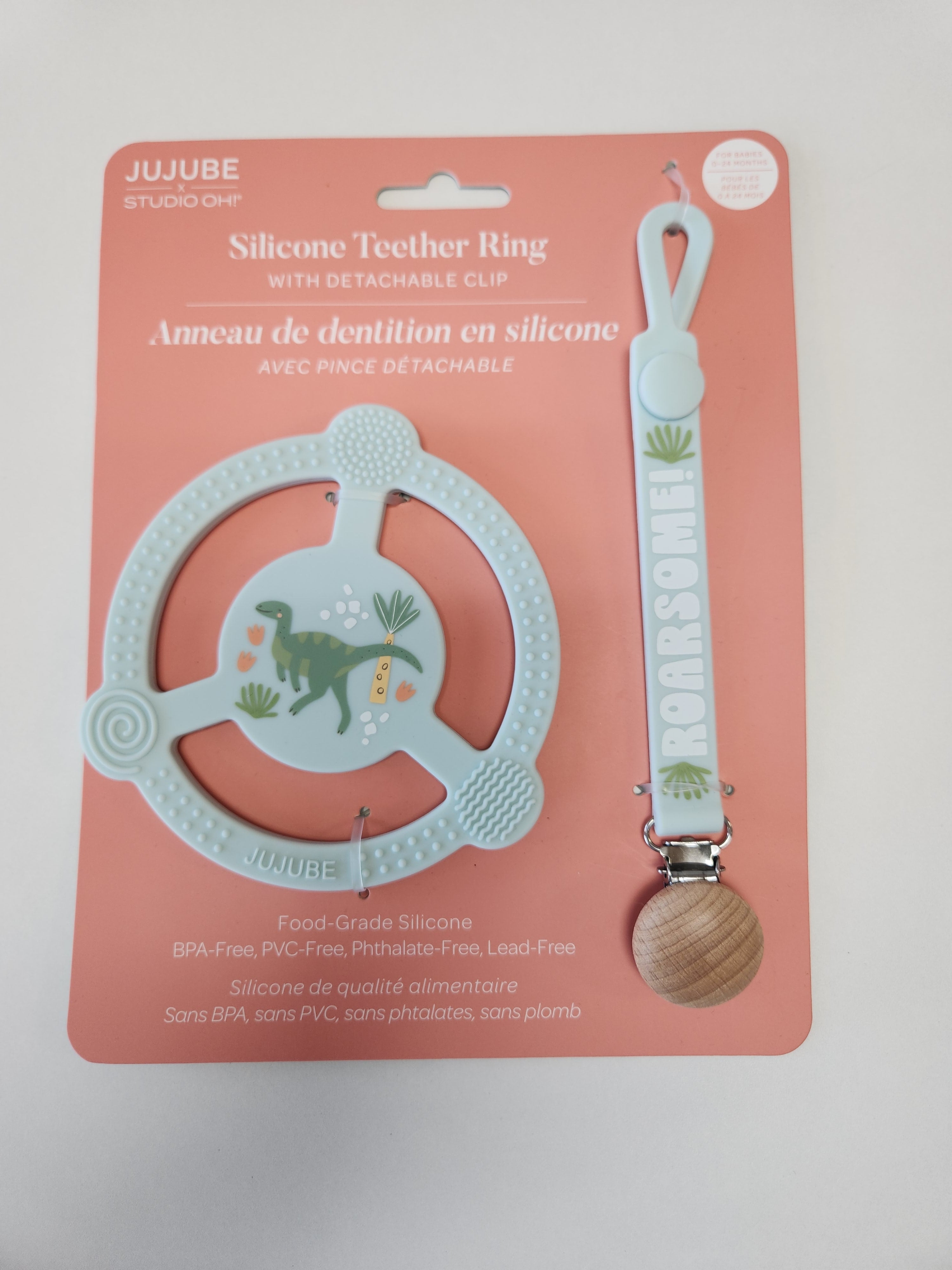 SILICONE TEETHER RING W/ CLIP ROARSOME