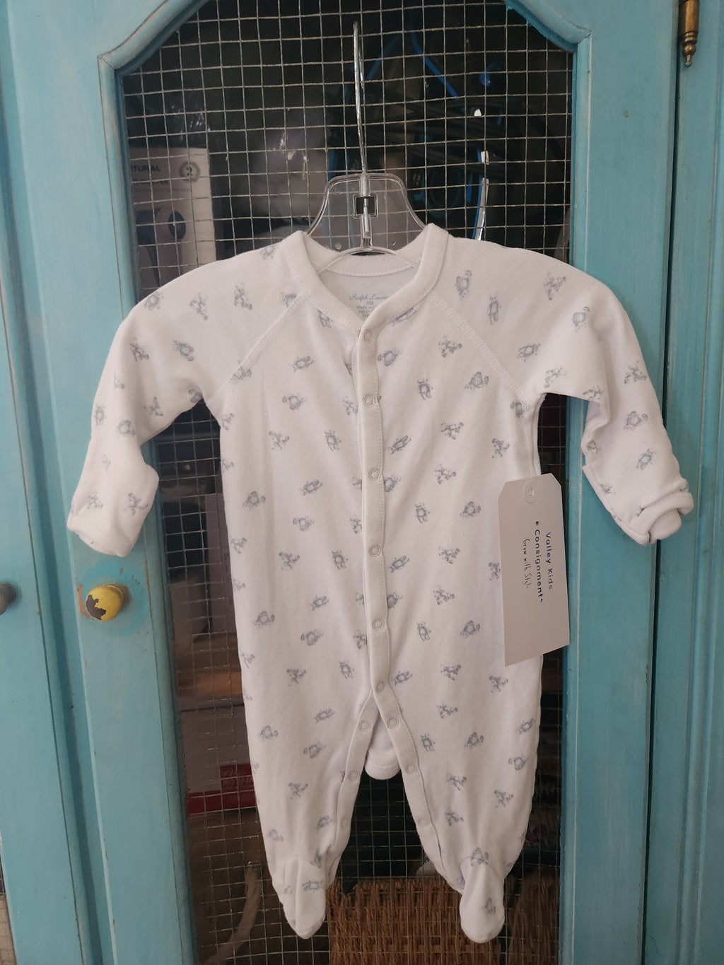 * Ralph Lauren White Baby Sleeper with Blue Bear Print, size 3mos.