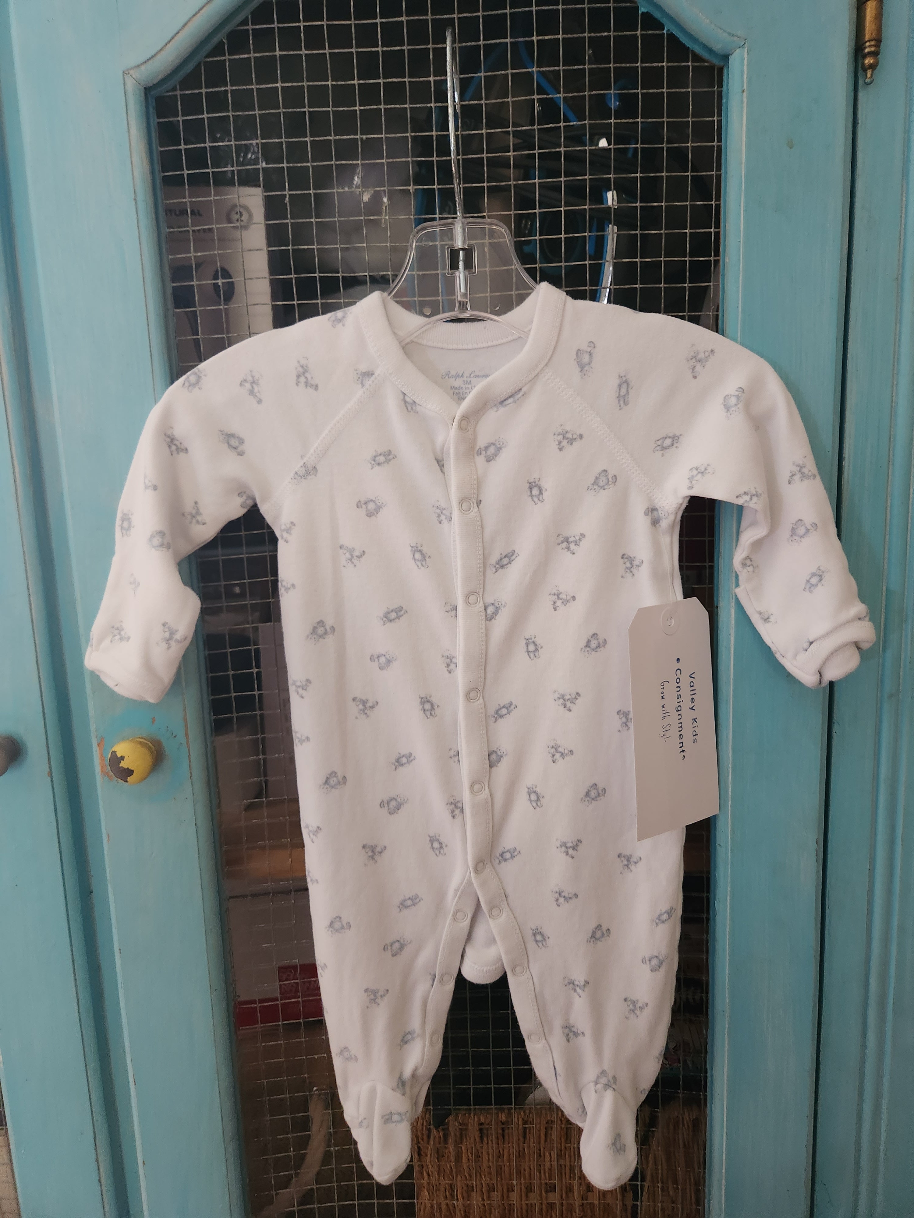 * Ralph Lauren White Baby Sleeper with Blue Bear Print, size 3mos.