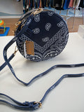 Navy Blue Paisley Print Round Crossbody Bag