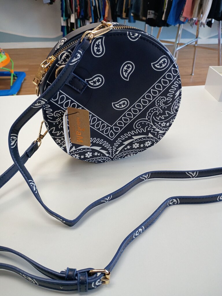 Navy Blue Paisley Print Round Crossbody Bag