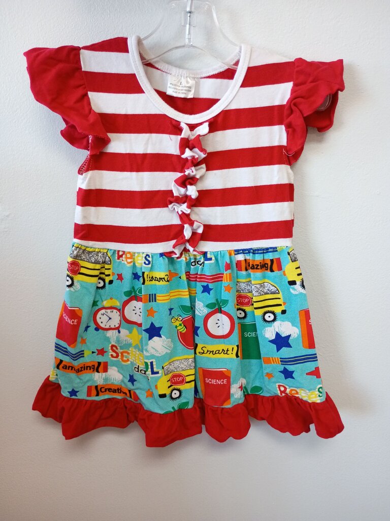 Girls' Red Striped Dress with Science Print Skirt
