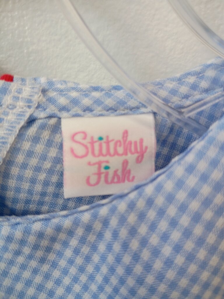 Stitchy Fish Blue Gingham Dress with American Flag Embroidery