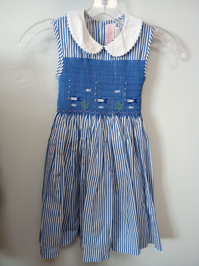 Girls' Blue Striped Dress with Fish Embroidery