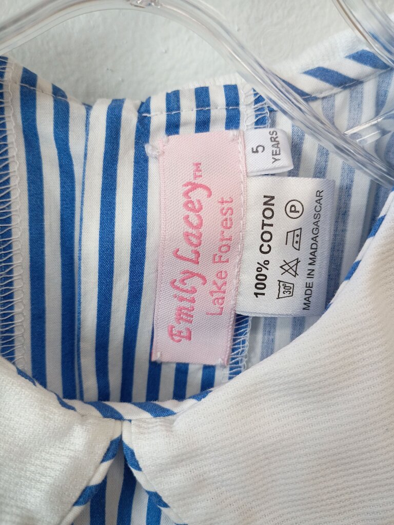 Girls' Blue Striped Dress with Fish Embroidery